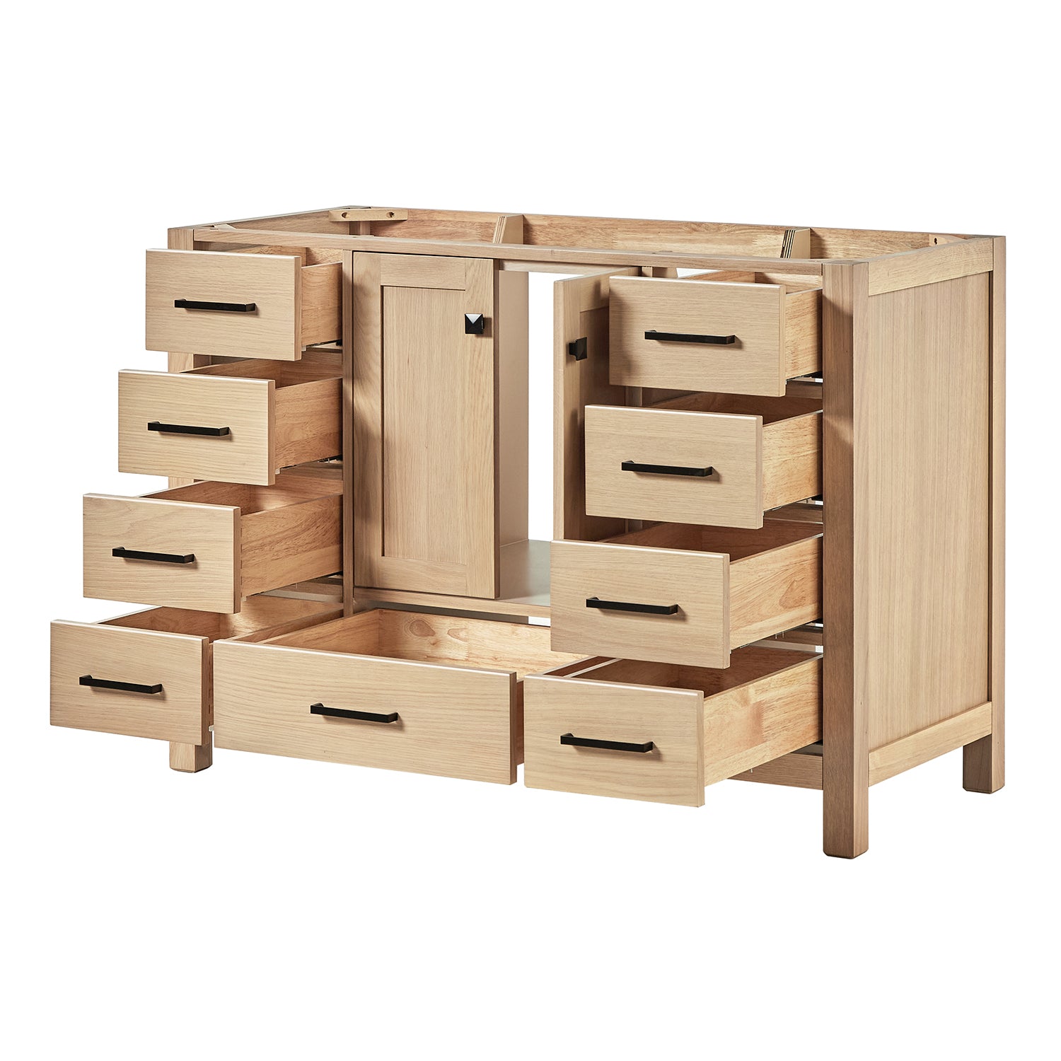 Beckford 48-inch Natural Oak base cabinet on white back ground side view open door