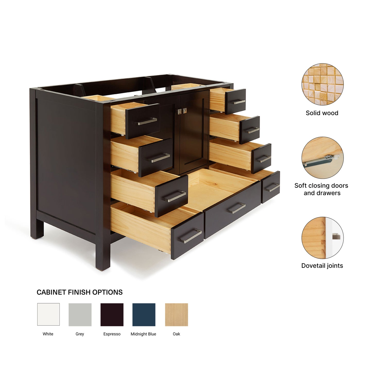 Beckford 48-inch Espresso base cabinet on feature highlights: solid wood frame, soft-close doors and drawers, Sherwin-Williams paint finish