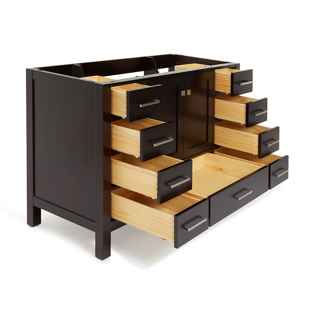 Beckford 48-inch Espresso base cabinet on white back ground side view open door