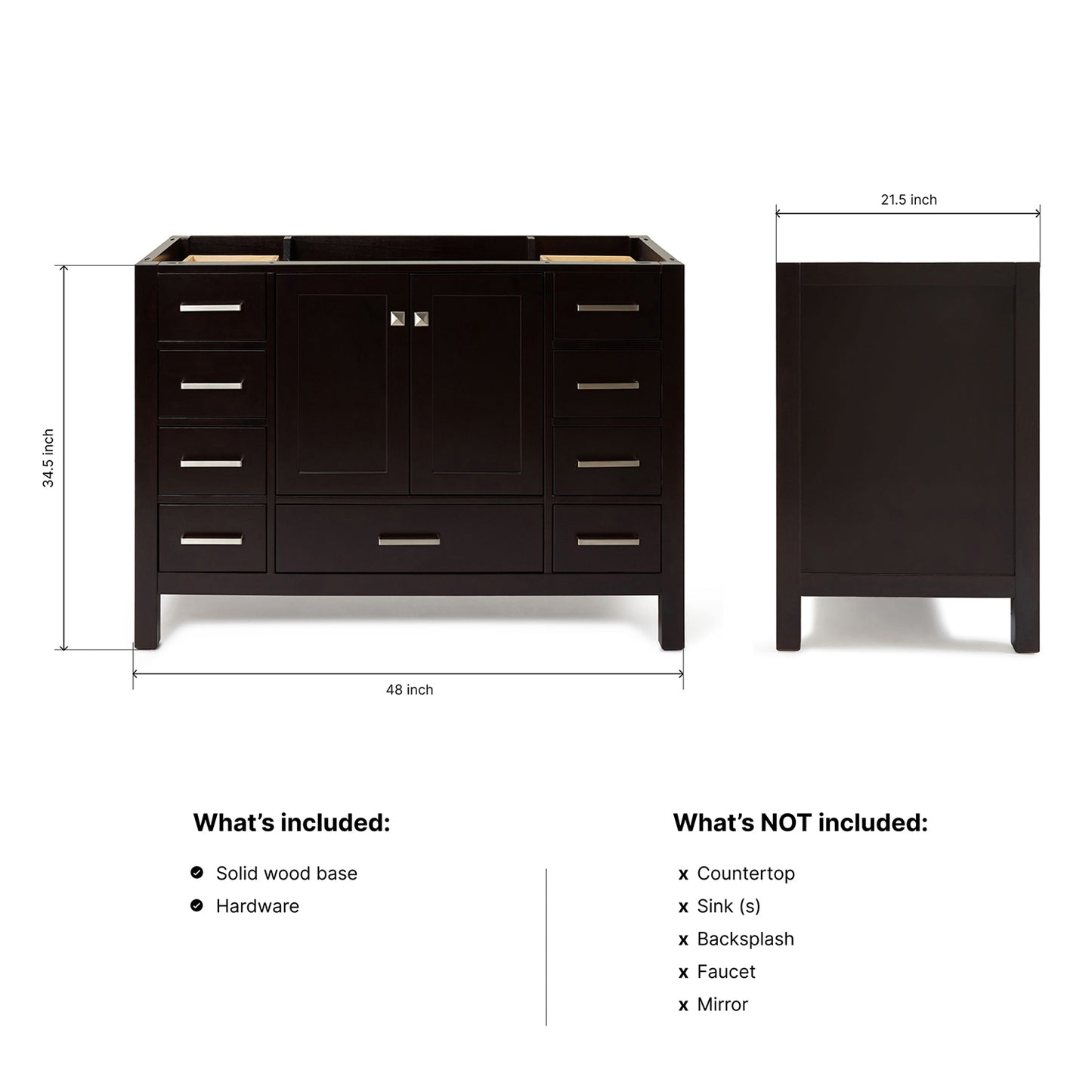 Beckford 48-inch Espresso base cabinet on dimensions