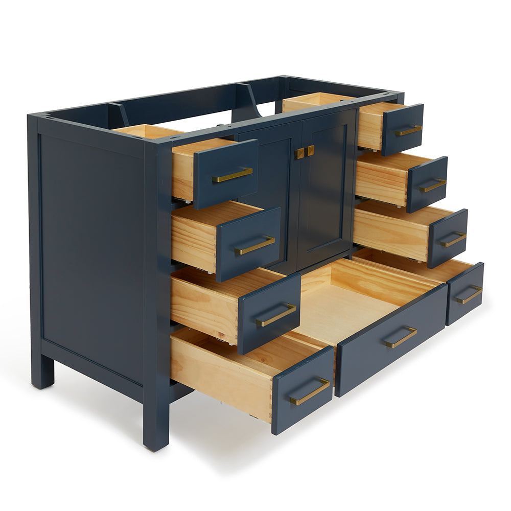 Beckford 48-inch Midnight Blue base cabinet on white back ground side view open door