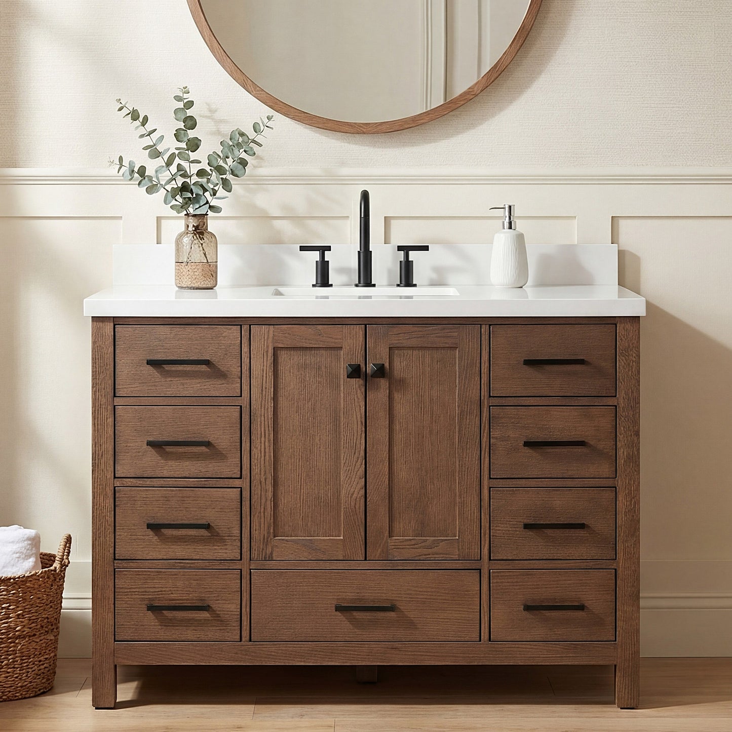 Beckford 48-Inch Brown Oak bathroom vanity in styled bathroom setting
