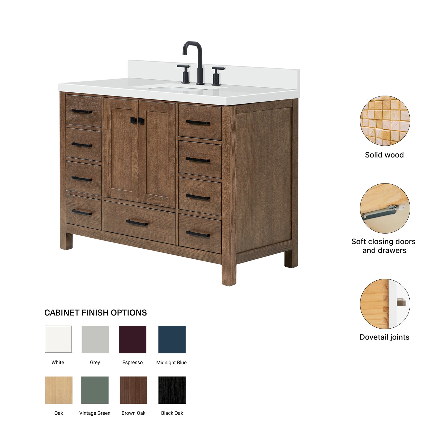 Beckford 48-Inch Brown Oak bathroom vanity – feature highlights: solid wood frame, soft-close doors and drawers, Sherwin-Williams paint finish