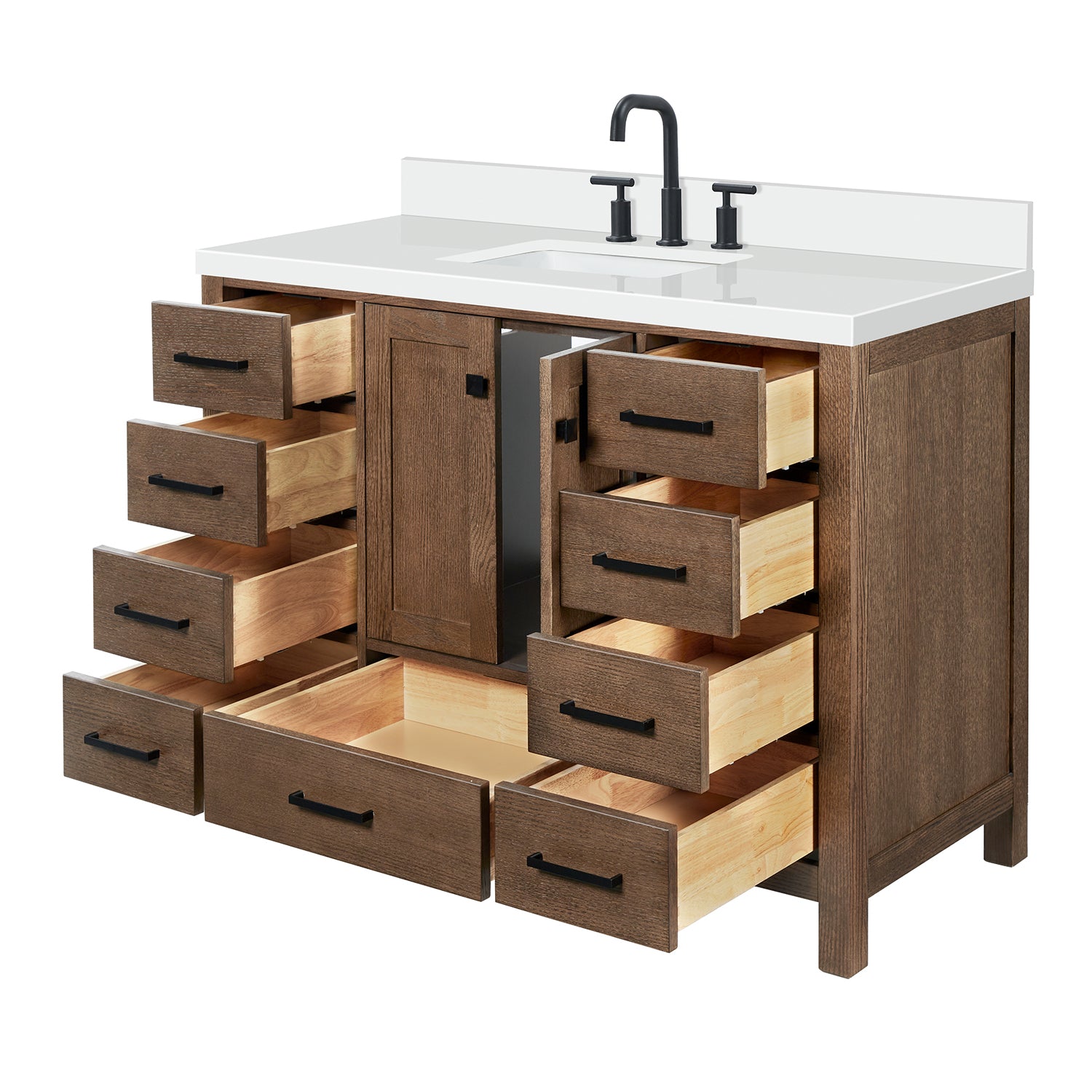 Beckford 48-Inch Brown Oak bathroom vanity on white background – product photo 6