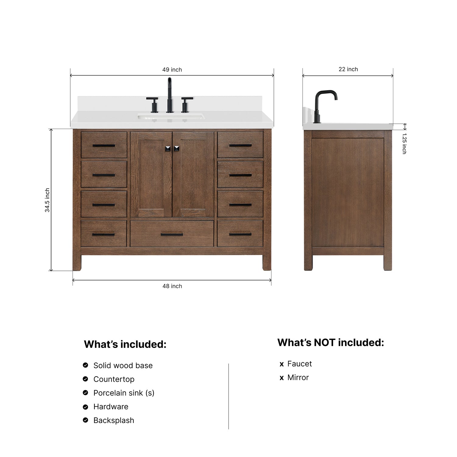 Beckford 48-Inch Brown Oak bathroom vanity dimensions