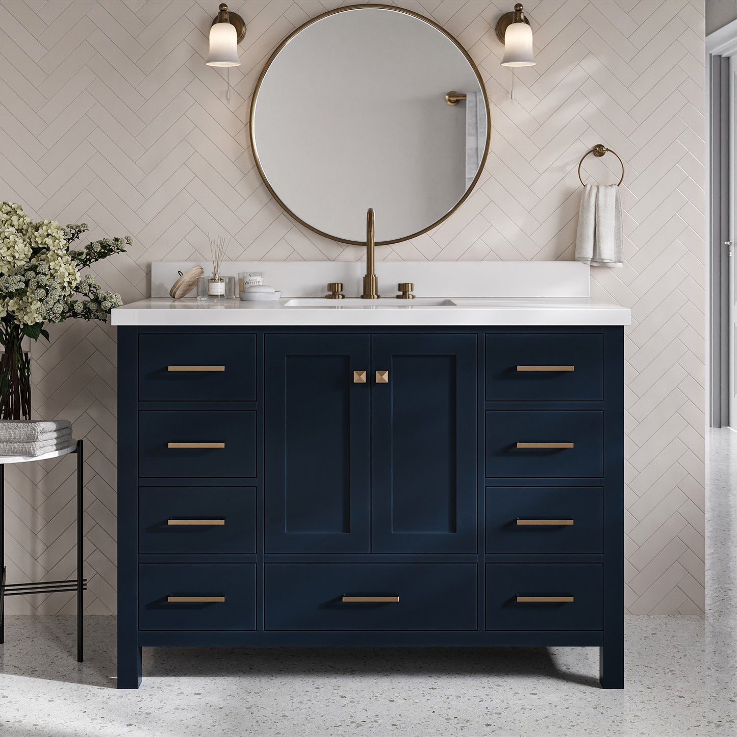 Beckford 48-Inch Midnight Blue bathroom vanity in styled bathroom setting