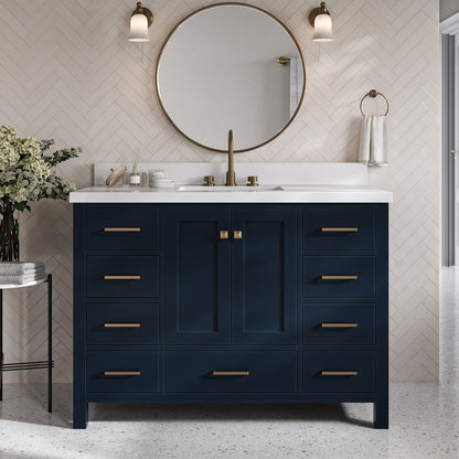 Beckford 48-Inch Midnight Blue bathroom vanity in styled bathroom setting