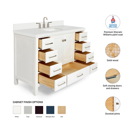Beckford 48-Inch White bathroom vanity – feature highlights: solid wood frame, soft-close doors and drawers, Sherwin-Williams paint finish