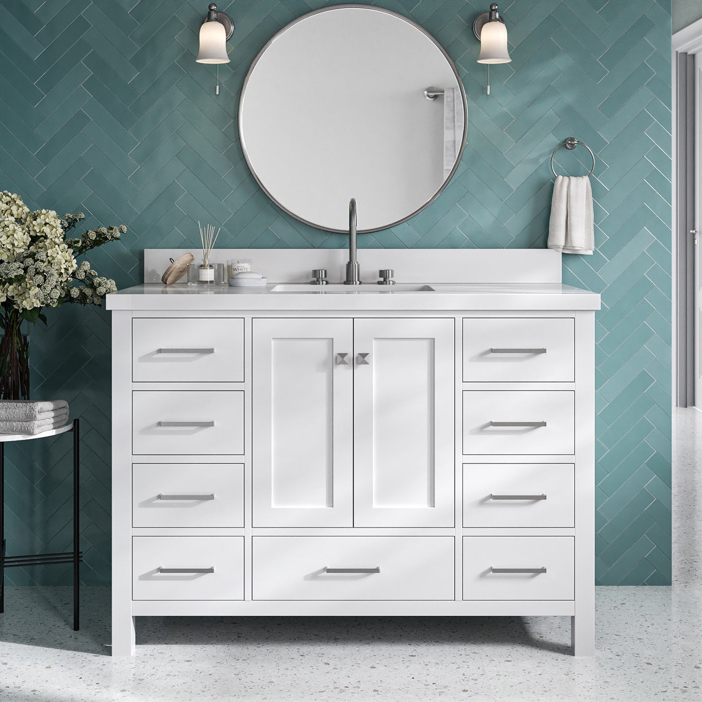 Beckford 48-Inch White bathroom vanity in styled bathroom setting