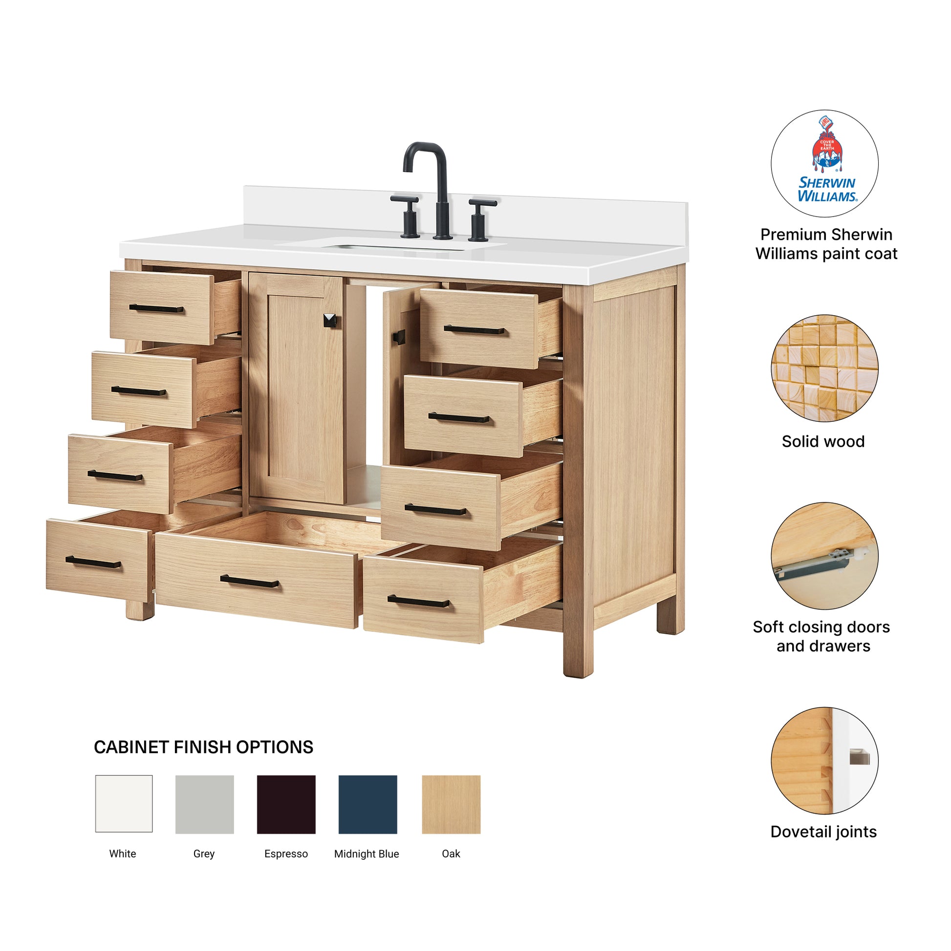 Beckford 48-Inch White Oak bathroom vanity – feature highlights: solid wood frame, soft-close doors and drawers, Sherwin-Williams paint finish