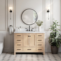 Beckford 48-Inch White Oak bathroom vanity in styled bathroom setting