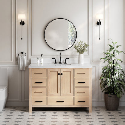 Beckford 48-Inch White Oak bathroom vanity in styled bathroom setting