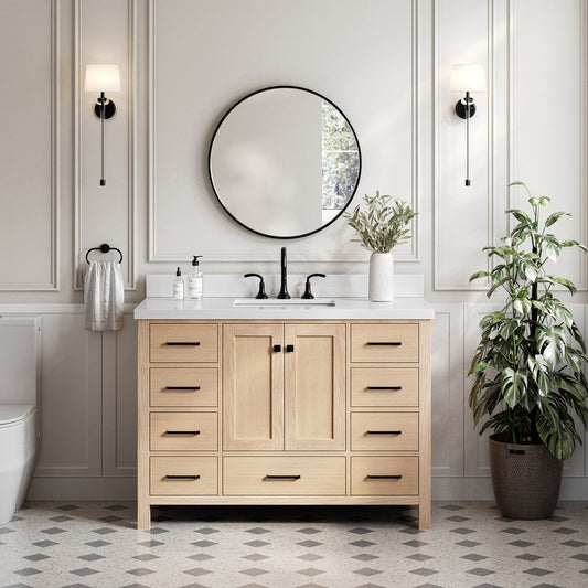 Beckford 48-Inch White Oak bathroom vanity in styled bathroom setting
