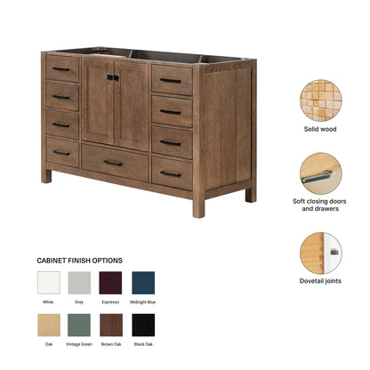 Beckford 54-inch Brown Oak base cabinet on feature highlights: solid wood frame, soft-close doors and drawers, Sherwin-Williams paint finish
