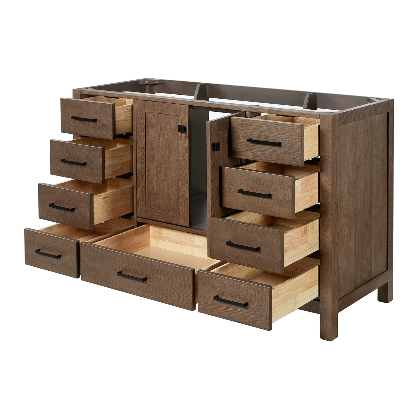 Beckford 54-inch Brown Oak base cabinet on white back ground side view open door