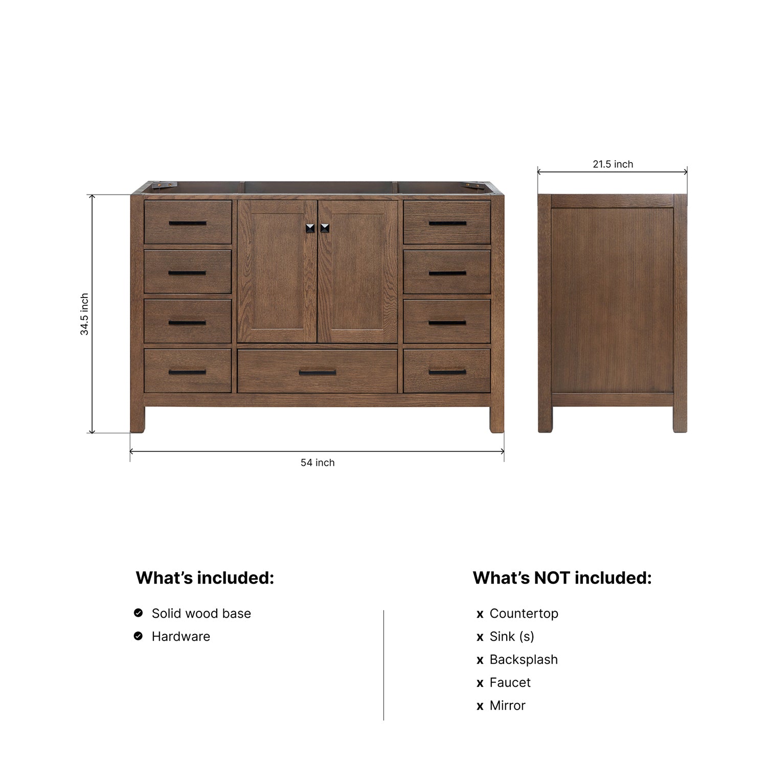 Beckford 54-inch Brown Oak base cabinet on dimensions