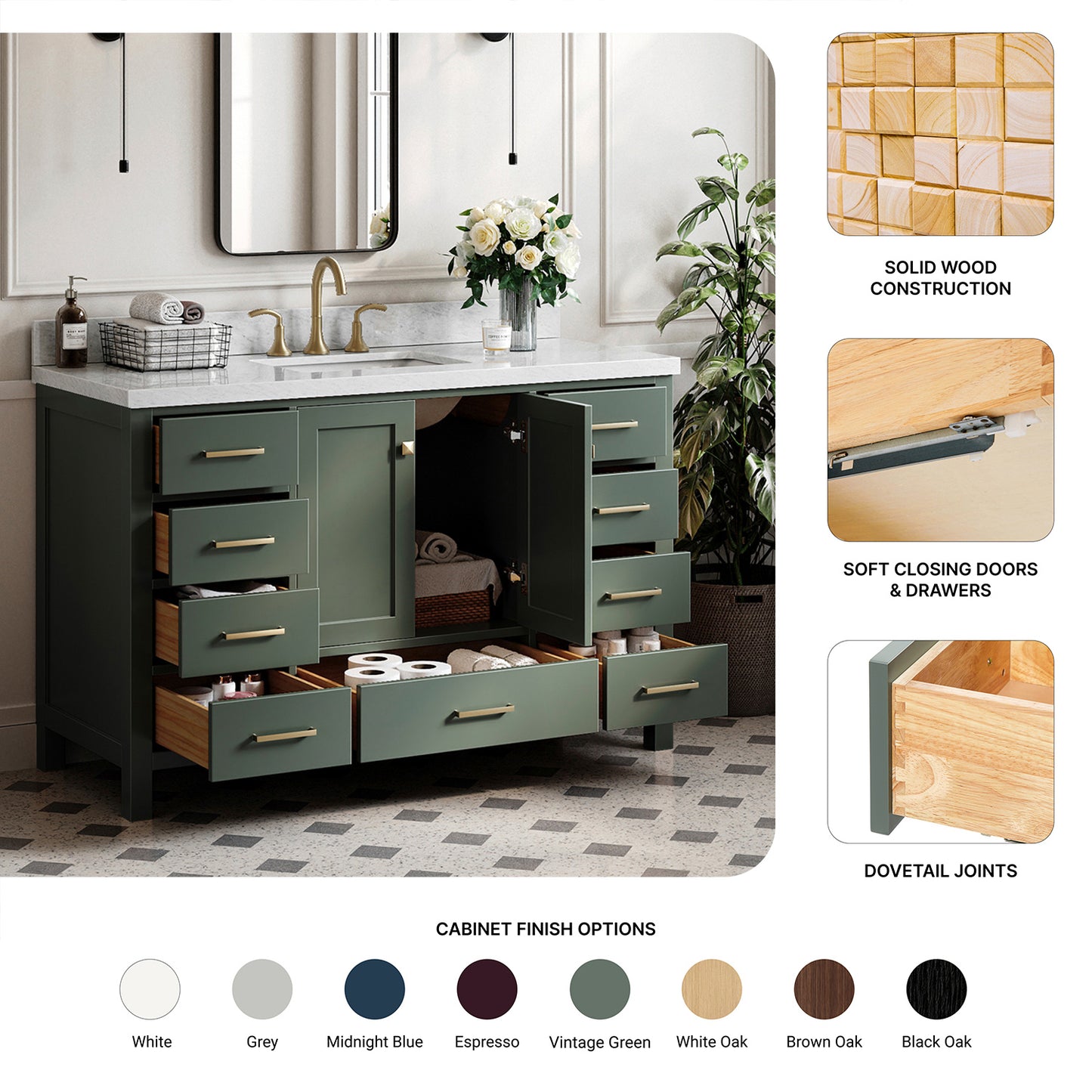 Beckford 54-inch Vintage Green base cabinet on feature highlights: solid wood frame, soft-close doors and drawers, Sherwin-Williams paint finish