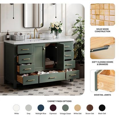 Beckford 54-inch Vintage Green base cabinet on feature highlights: solid wood frame, soft-close doors and drawers, Sherwin-Williams paint finish