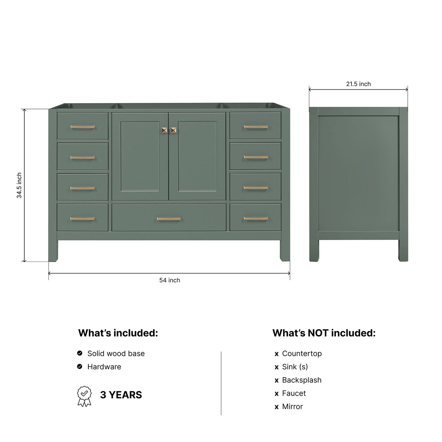 Beckford 54-inch Vintage Green base cabinet on dimensions