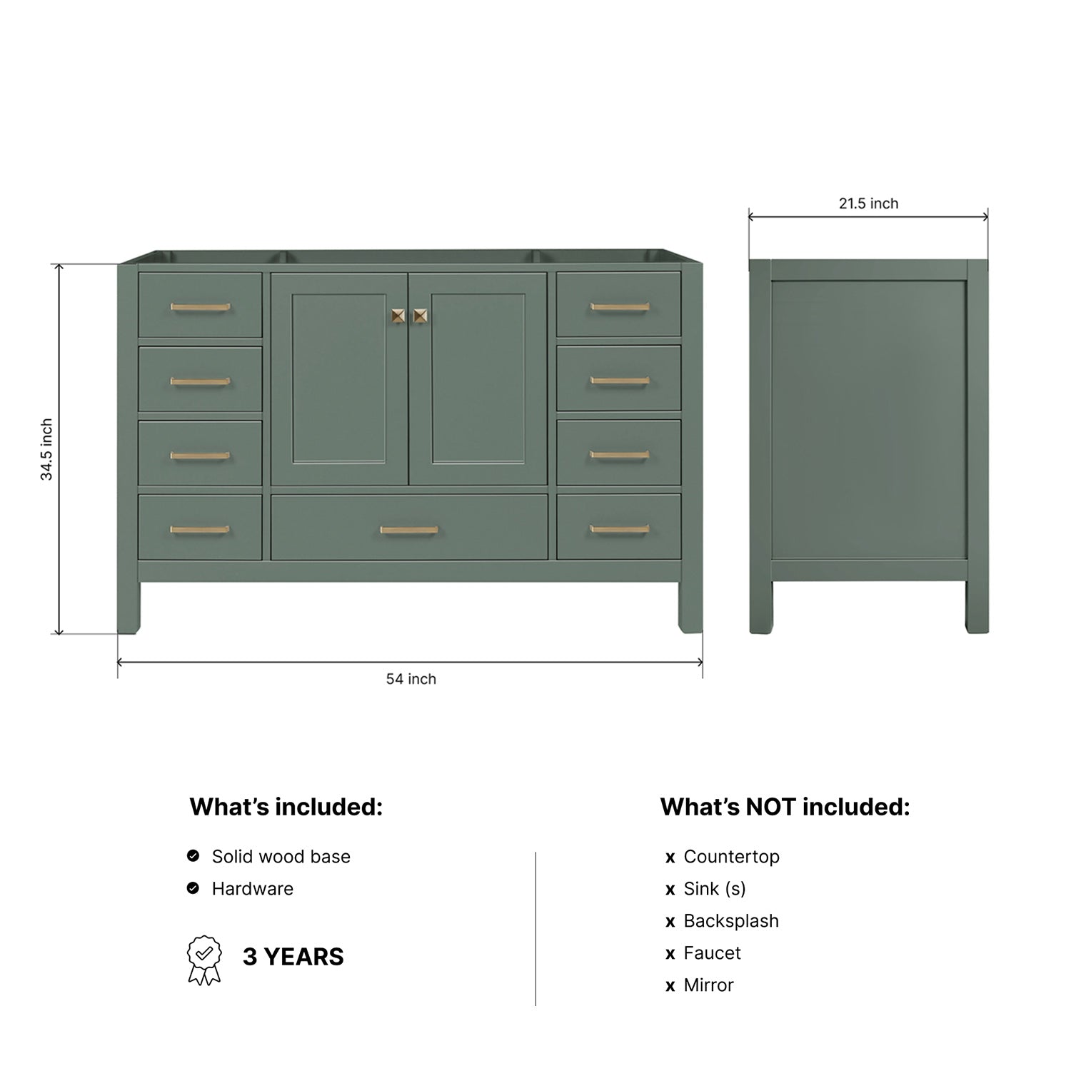 Beckford 54-inch Vintage Green base cabinet on dimensions