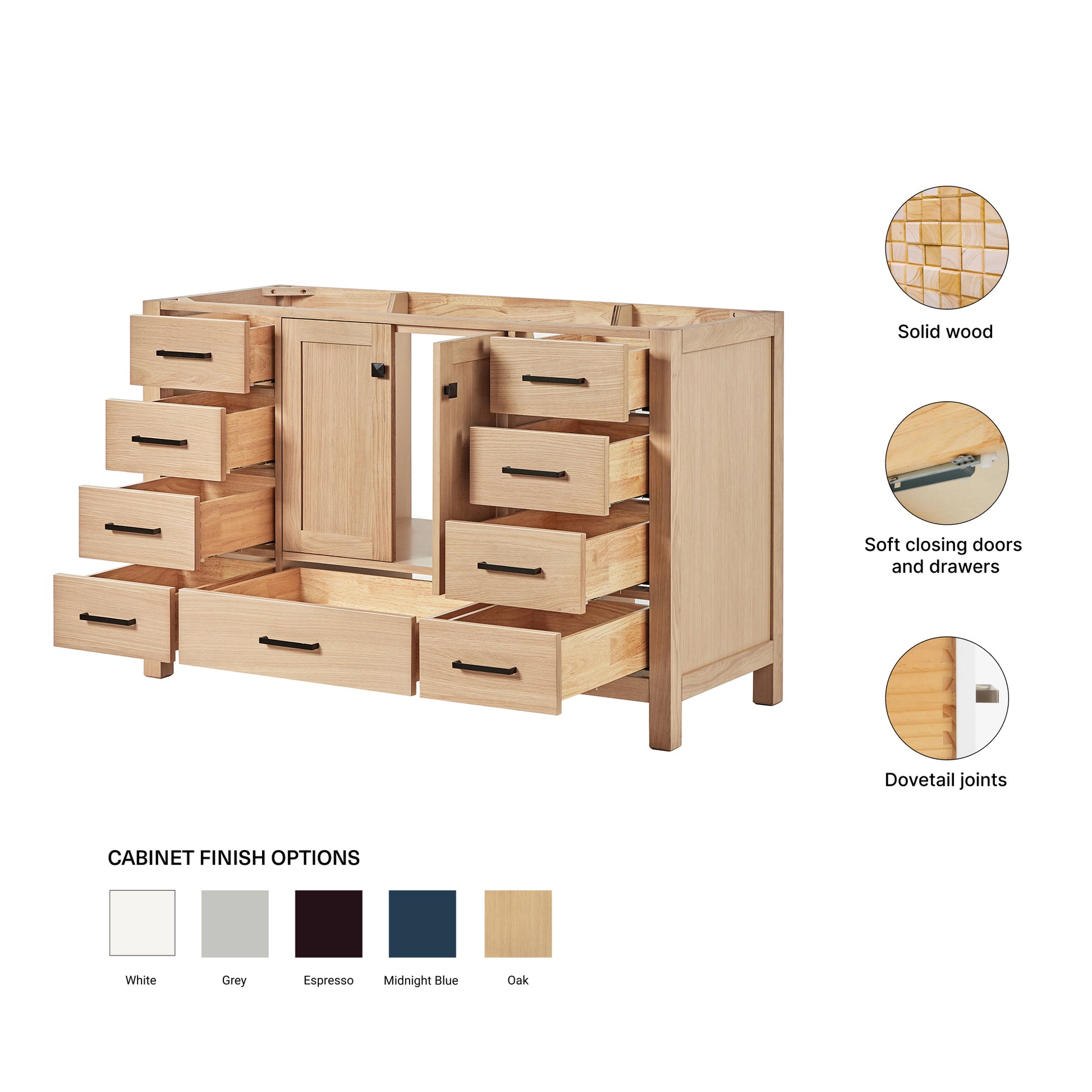 Beckford 54-inch Natural Oak base cabinet on feature highlights: solid wood frame, soft-close doors and drawers, Sherwin-Williams paint finish