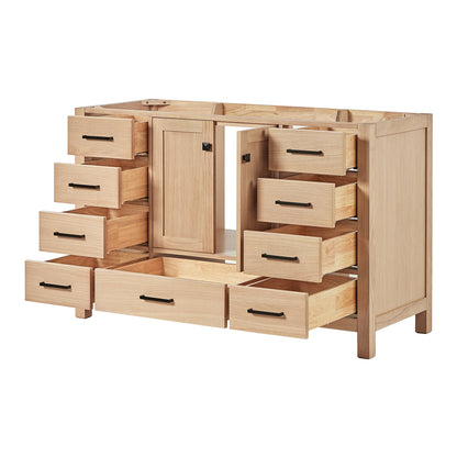 Beckford 54-inch Natural Oak base cabinet on white back ground side view open door