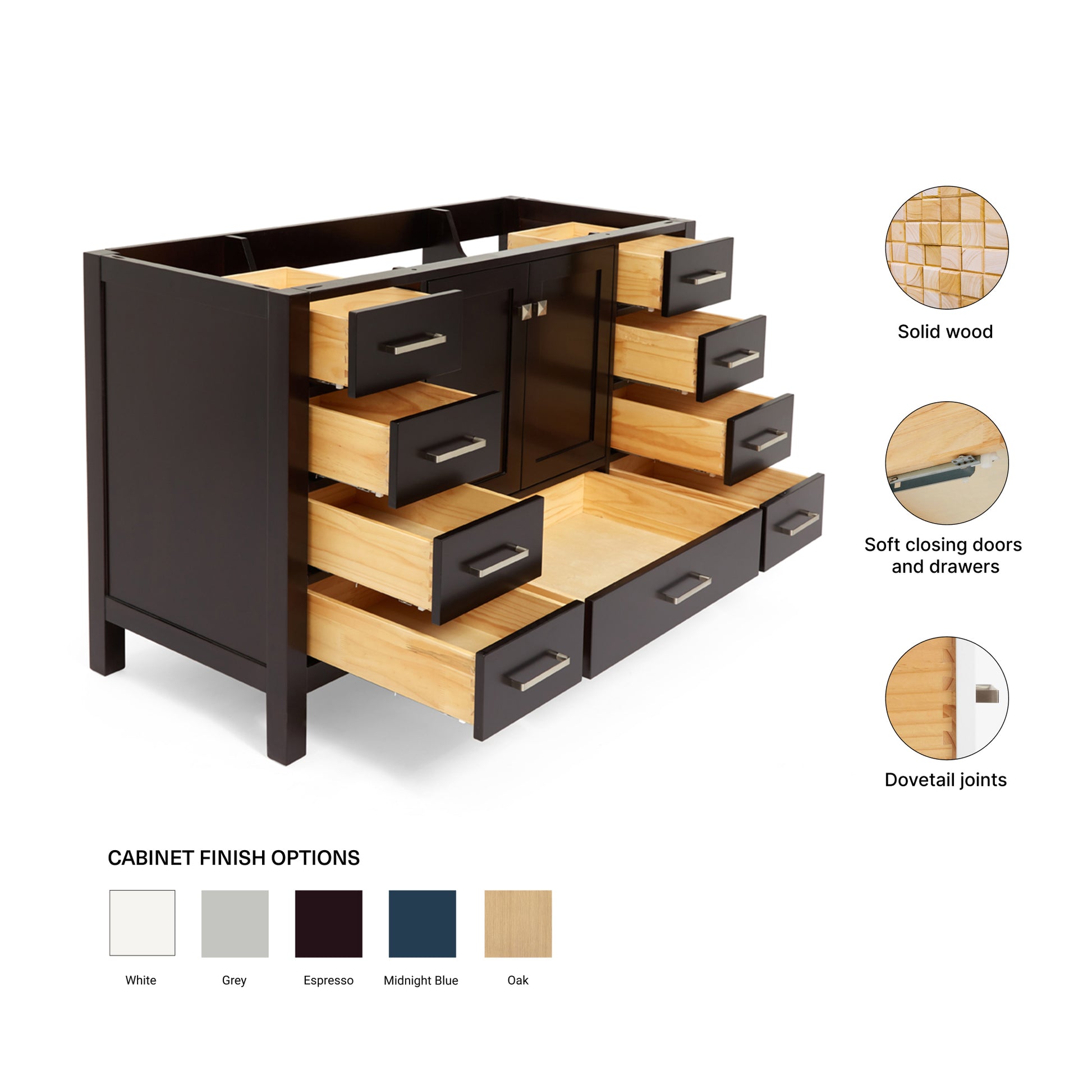 Beckford 54-inch Espresso base cabinet on feature highlights: solid wood frame, soft-close doors and drawers, Sherwin-Williams paint finish