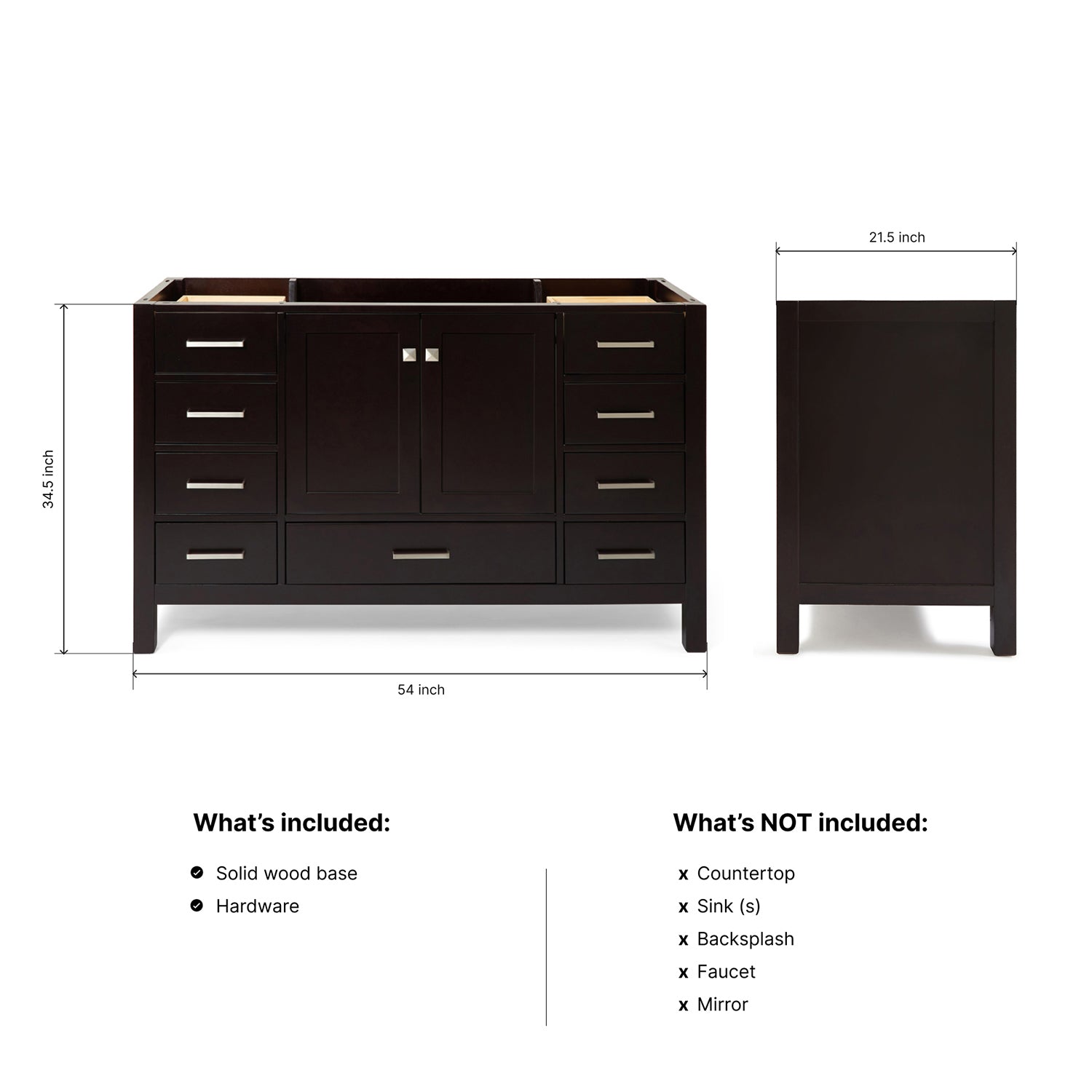 Beckford 54-inch Espresso base cabinet on dimensions