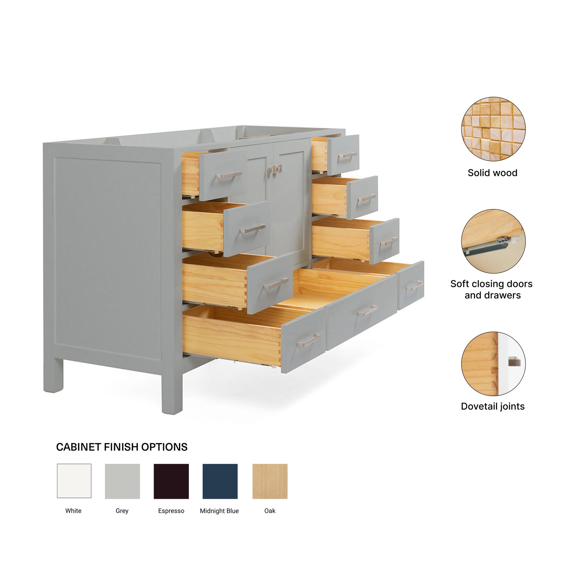 Beckford 54-inch Grey base cabinet on feature highlights: solid wood frame, soft-close doors and drawers, Sherwin-Williams paint finish