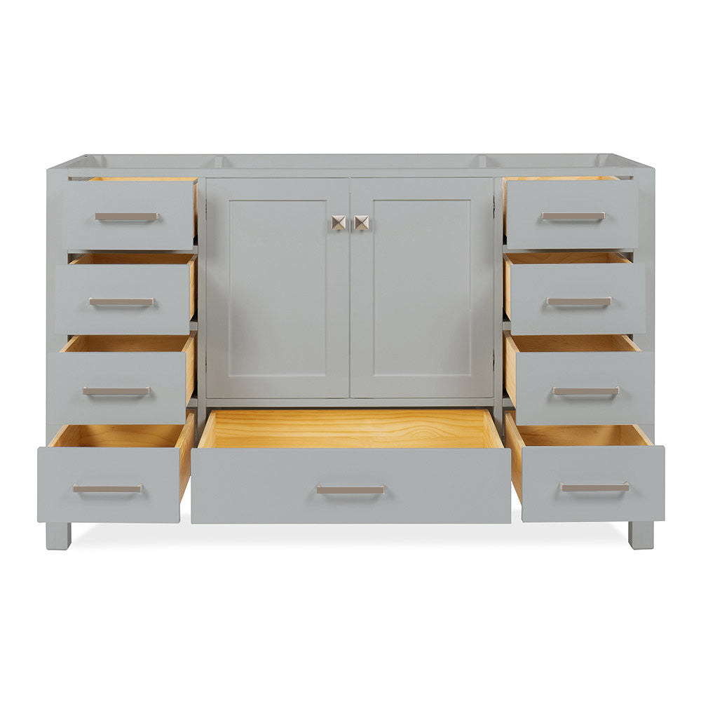 Beckford 54-inch Grey base cabinet on white back ground side view open door
