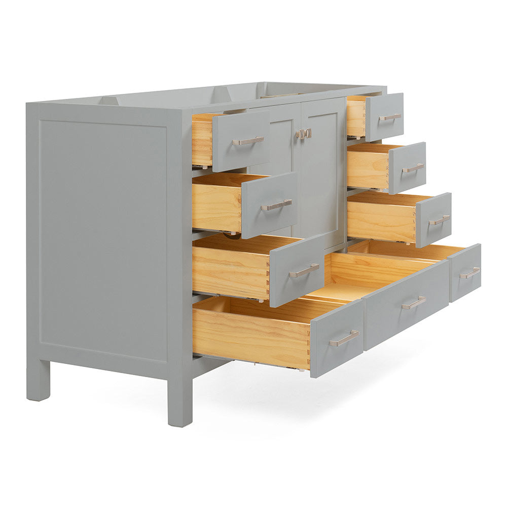Beckford 54-inch Grey base cabinet on white back ground front view open door
