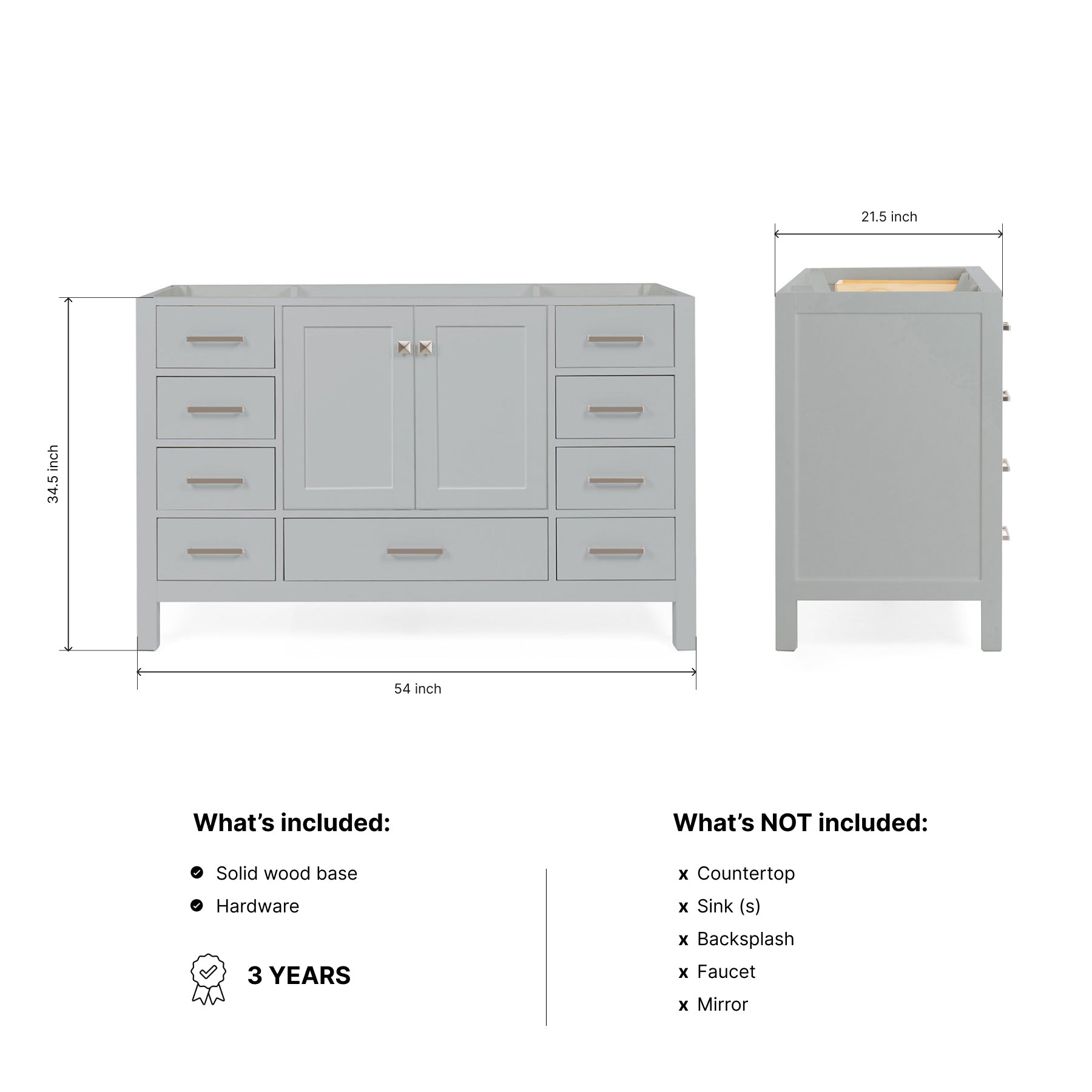 Beckford 54-inch Grey base cabinet on dimensions