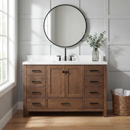 Beckford 54-Inch Brown Oak bathroom vanity in styled bathroom setting