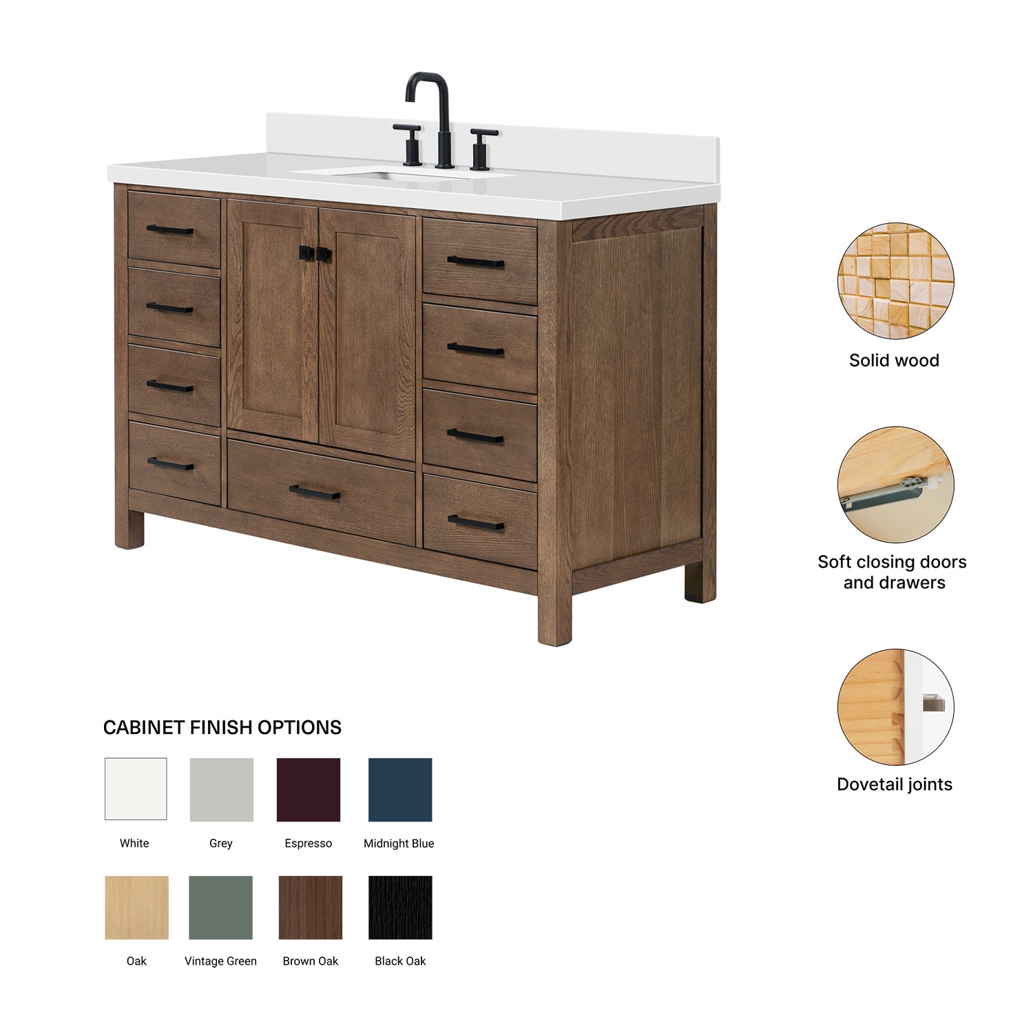 Beckford 54-Inch Brown Oak bathroom vanity – feature highlights: solid wood frame, soft-close doors and drawers, Sherwin-Williams paint finish
