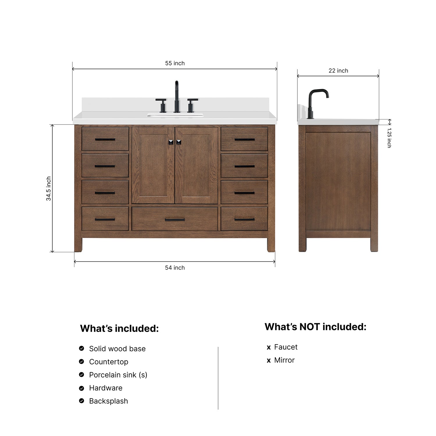 Beckford 54-Inch Brown Oak bathroom vanity dimensions