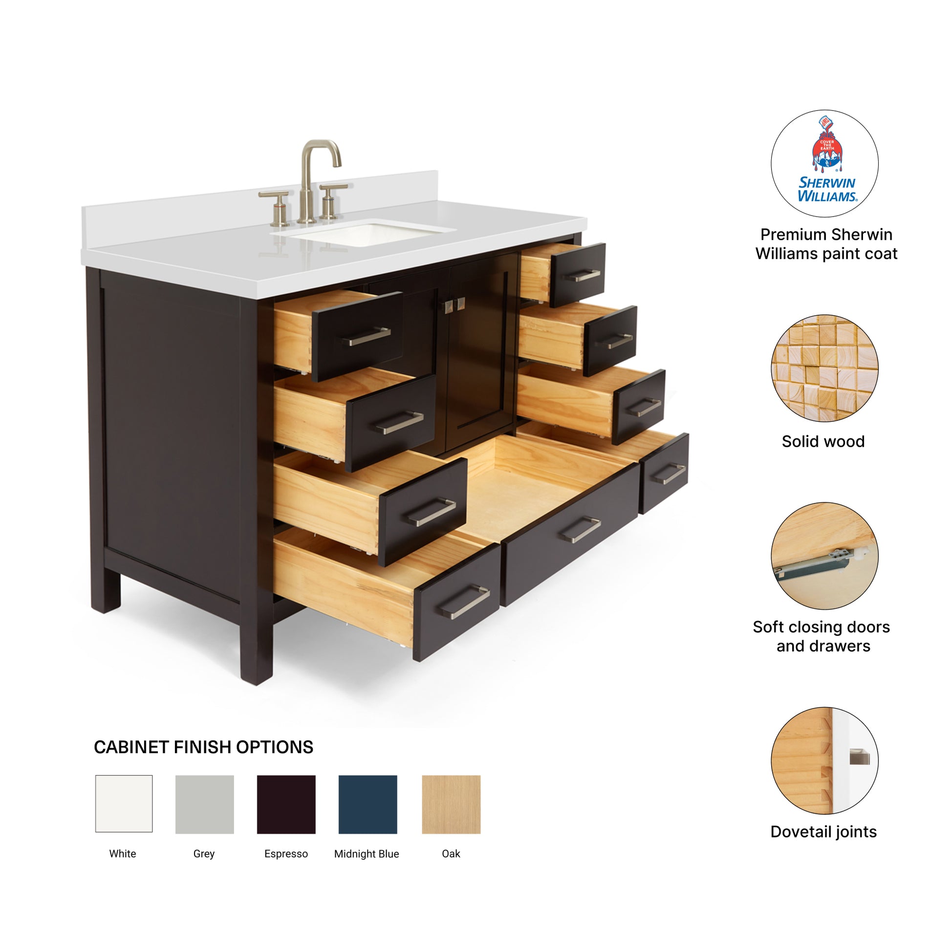 Beckford 54-Inch Espresso bathroom vanity – feature highlights: solid wood frame, soft-close doors and drawers, Sherwin-Williams paint finish