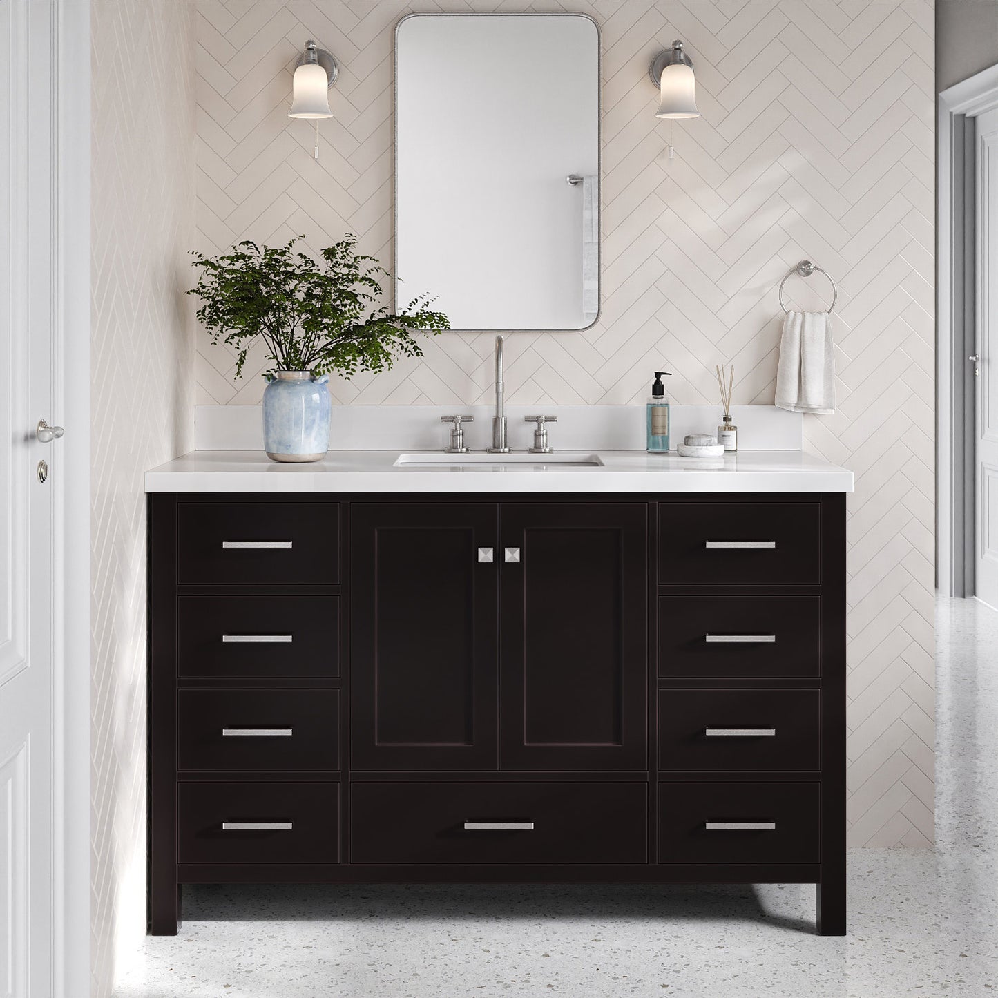 Beckford 54-Inch Espresso bathroom vanity in styled bathroom setting