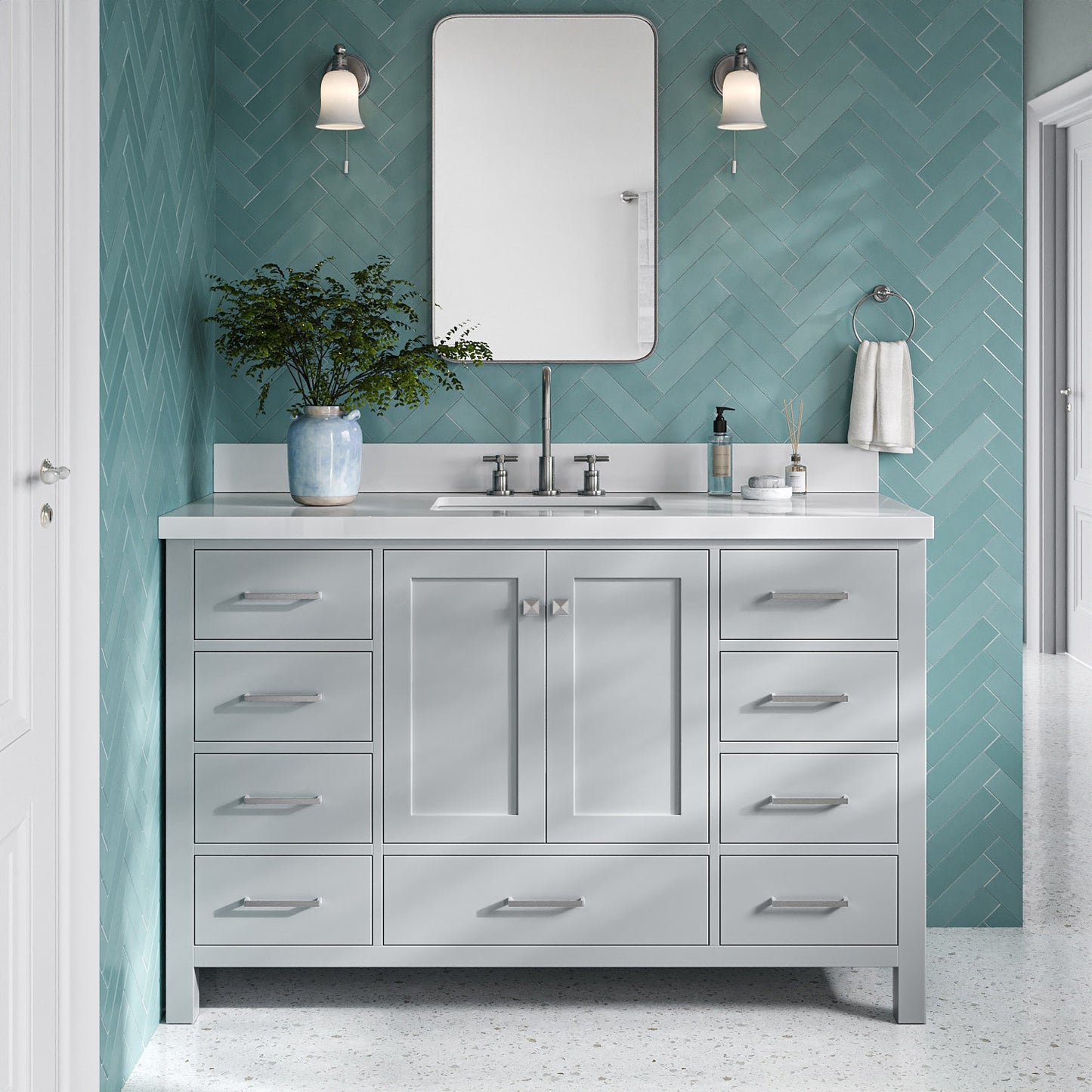 Beckford 54-Inch Grey bathroom vanity in styled bathroom setting