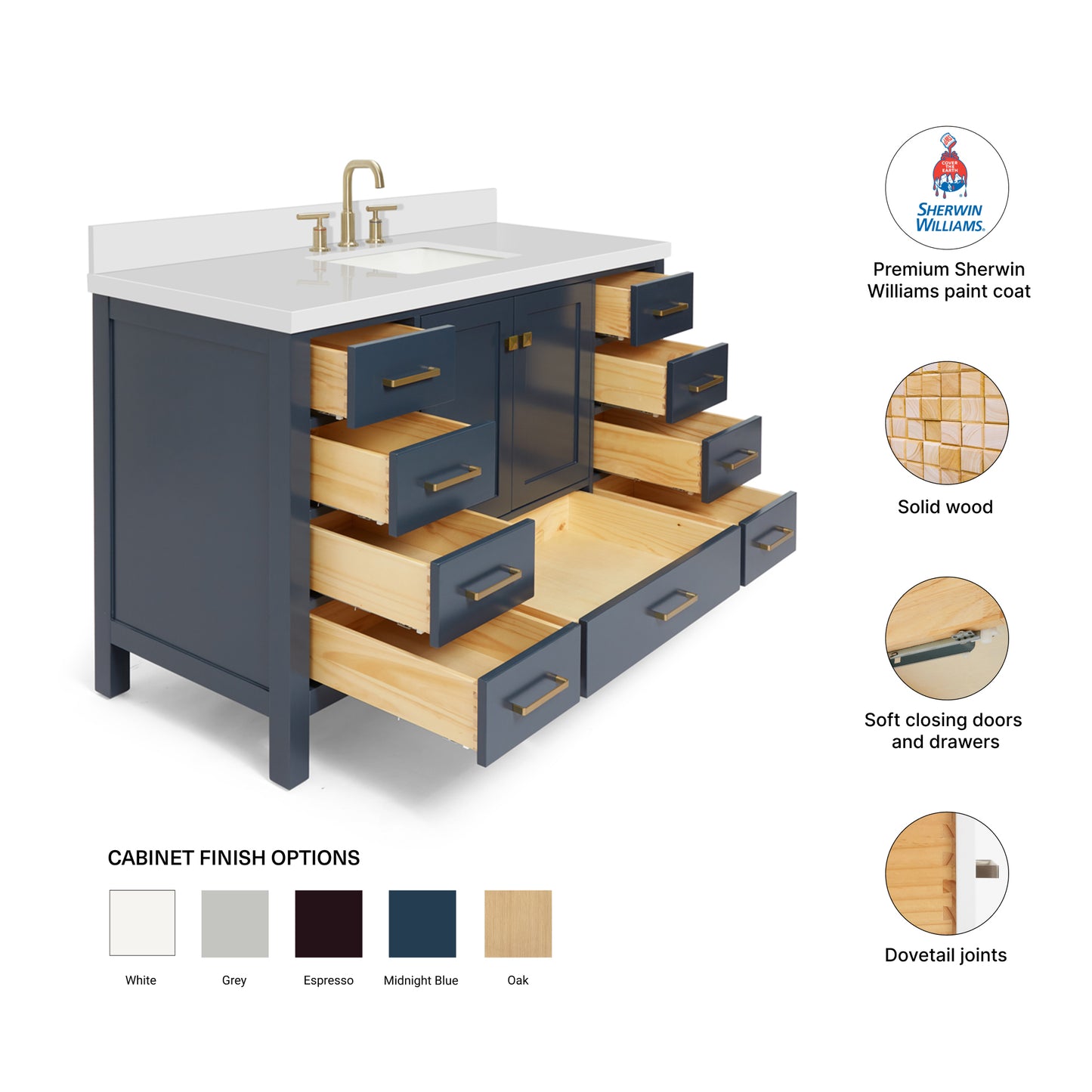 Beckford 54-Inch Midnight Blue bathroom vanity – feature highlights: solid wood frame, soft-close doors and drawers, Sherwin-Williams paint finish