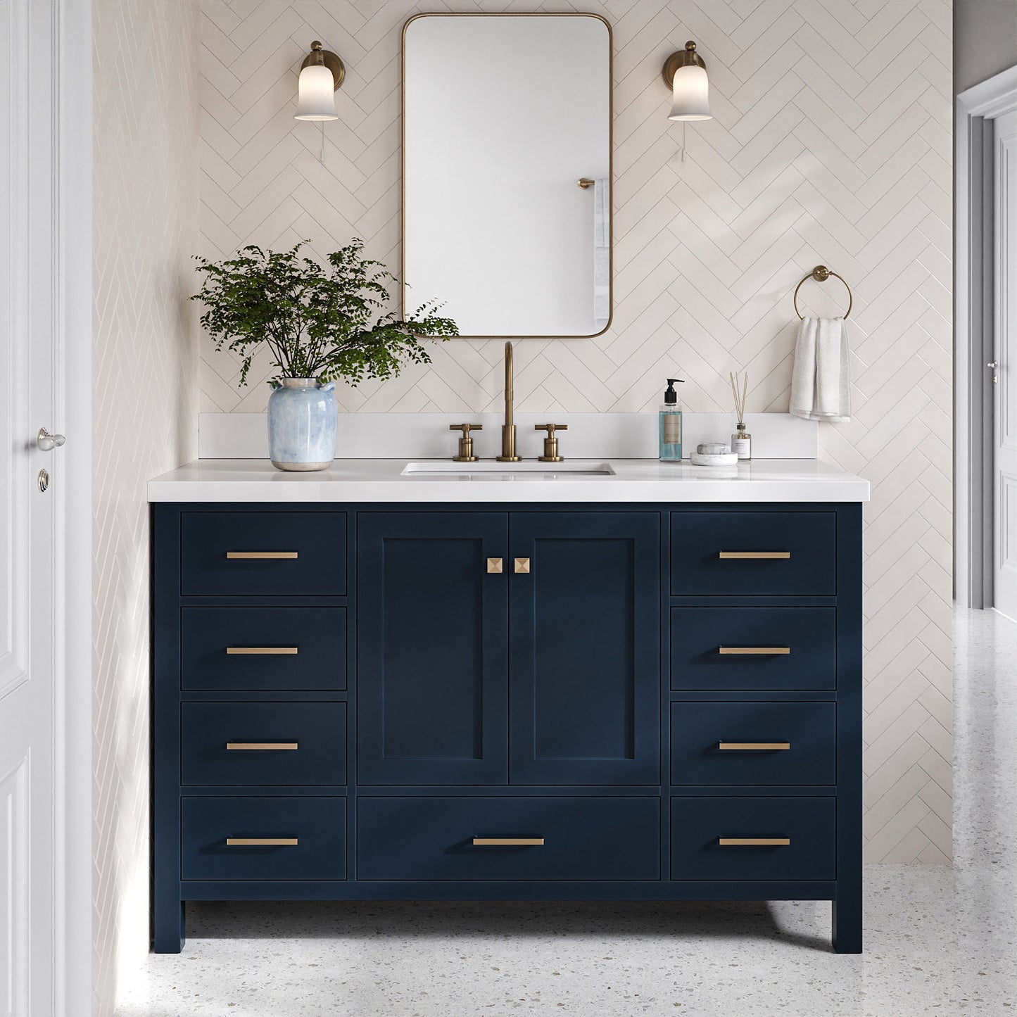 Beckford 54-Inch Midnight Blue bathroom vanity in styled bathroom setting