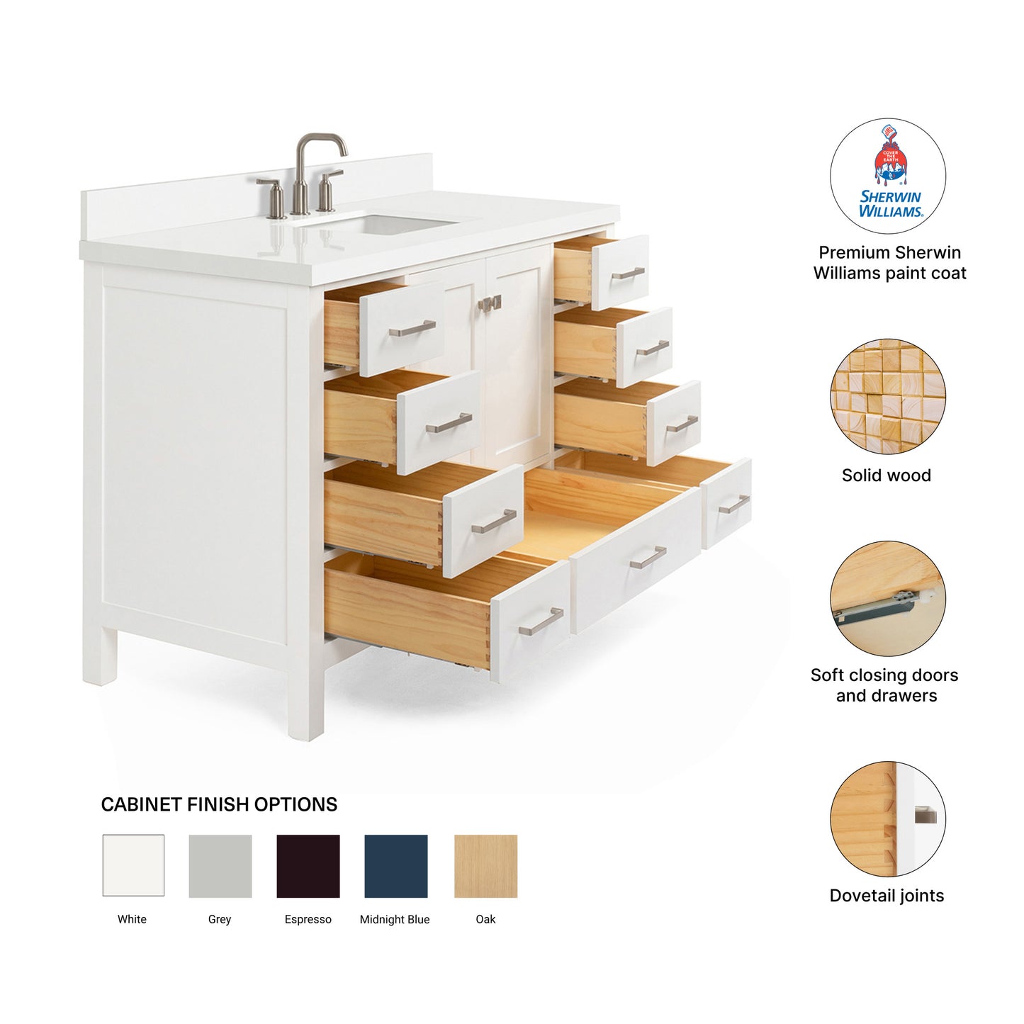 Beckford 54-Inch White bathroom vanity – feature highlights: solid wood frame, soft-close doors and drawers, Sherwin-Williams paint finish