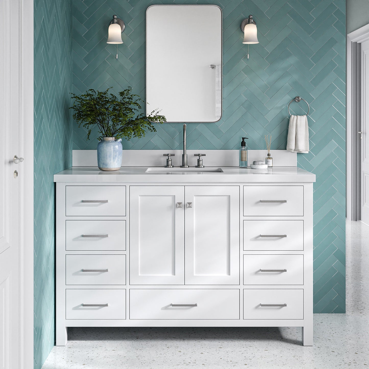 Beckford 54-Inch White bathroom vanity in styled bathroom setting