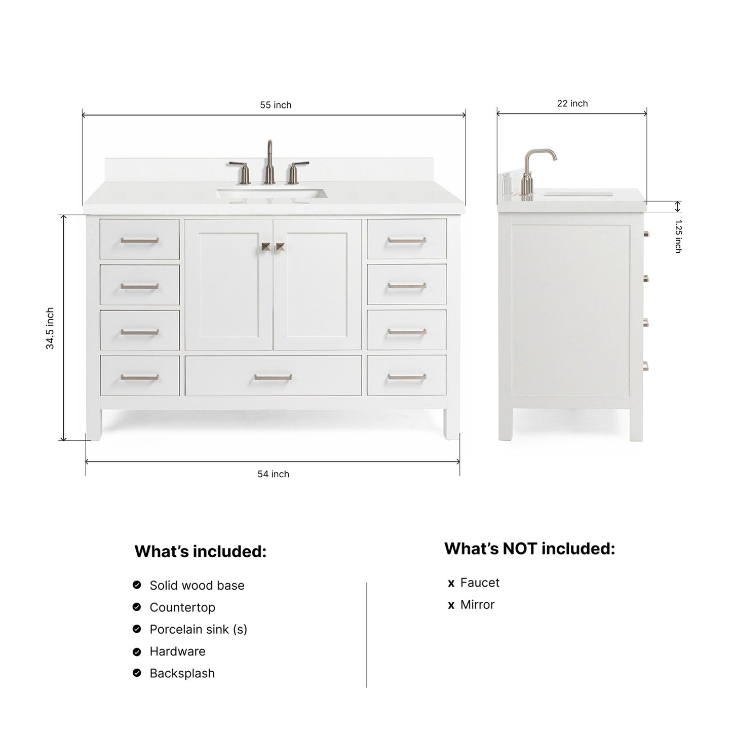 Beckford 54-Inch White bathroom vanity dimensions