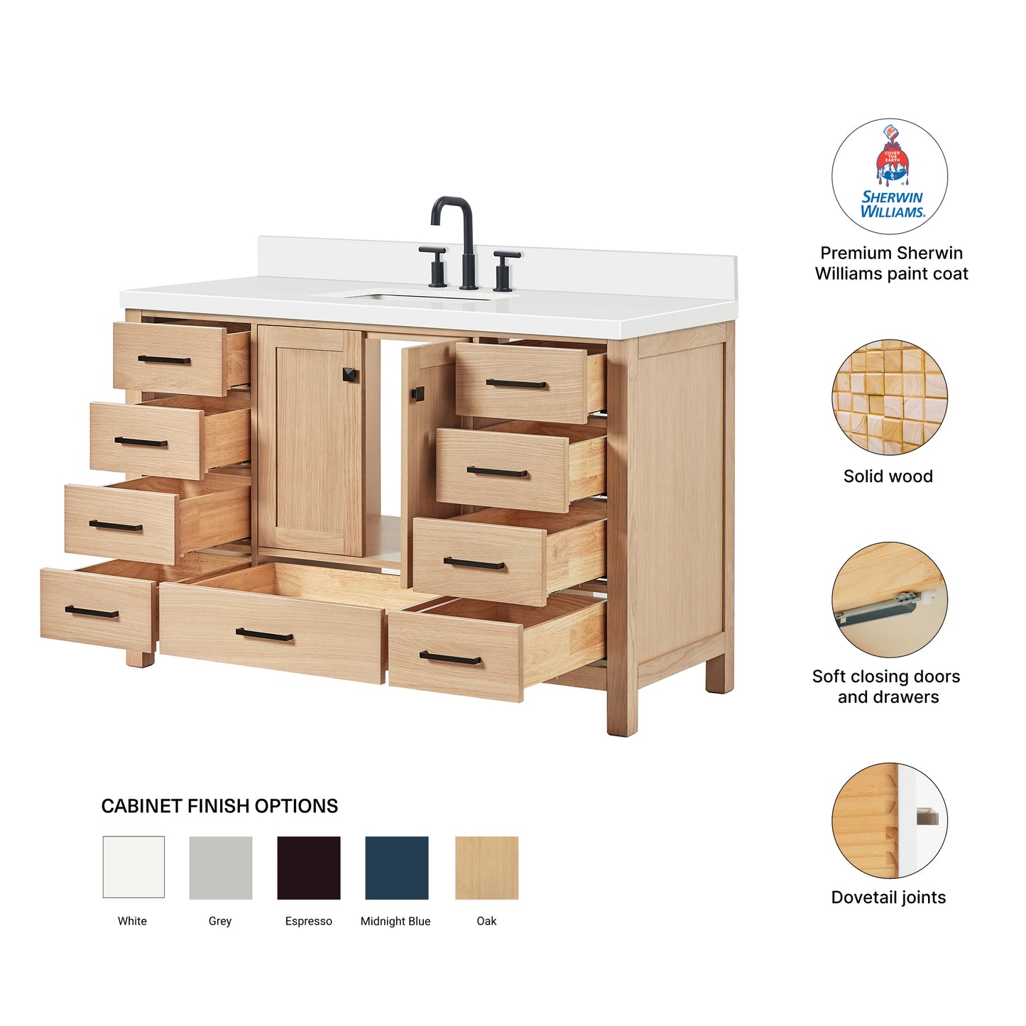 Beckford 54-Inch White Oak bathroom vanity – feature highlights: solid wood frame, soft-close doors and drawers, Sherwin-Williams paint finish