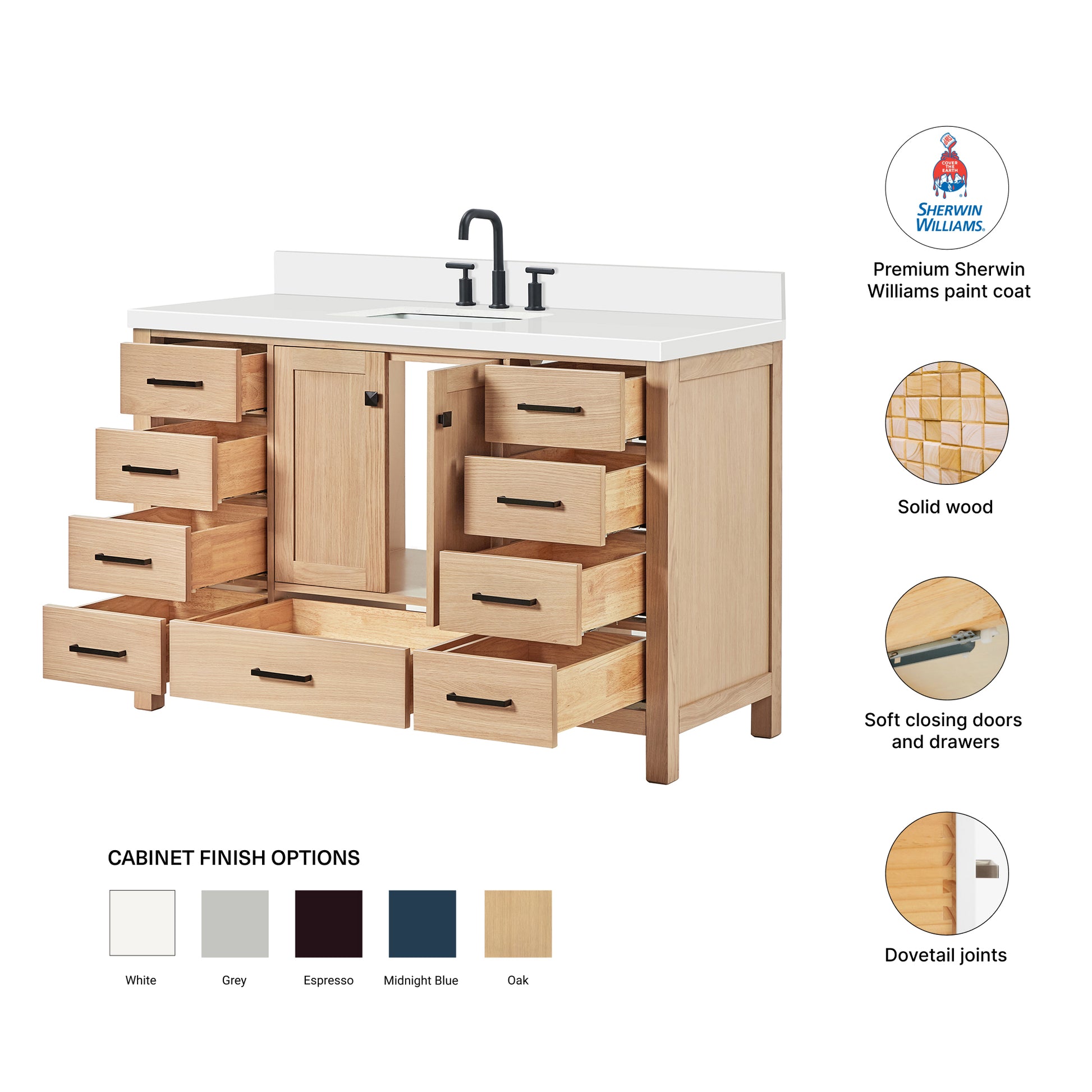 Beckford 54-Inch White Oak bathroom vanity – feature highlights: solid wood frame, soft-close doors and drawers, Sherwin-Williams paint finish