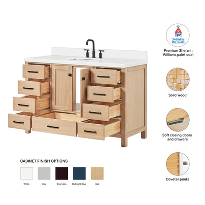 Beckford 54-Inch White Oak bathroom vanity – feature highlights: solid wood frame, soft-close doors and drawers, Sherwin-Williams paint finish