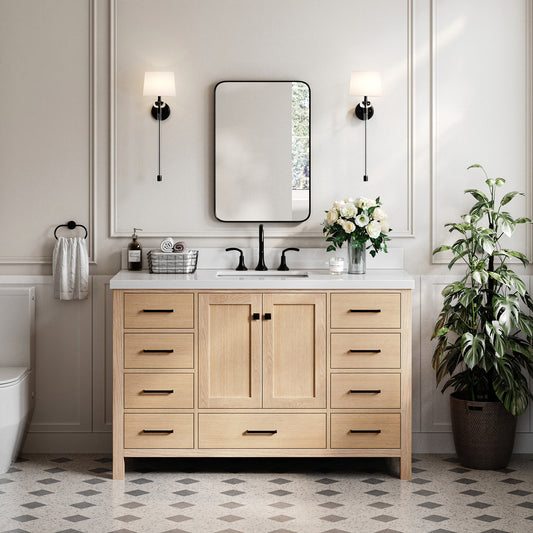 Beckford 54-Inch White Oak bathroom vanity in styled bathroom setting