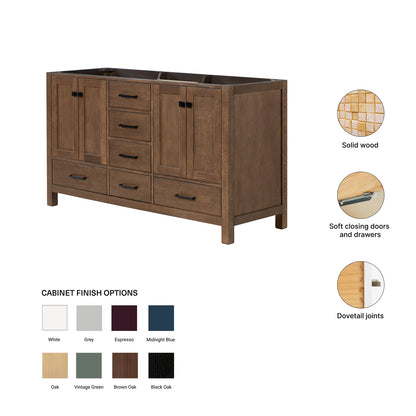 Beckford 60-inch Brown Oak base cabinet on feature highlights: solid wood frame, soft-close doors and drawers, Sherwin-Williams paint finish