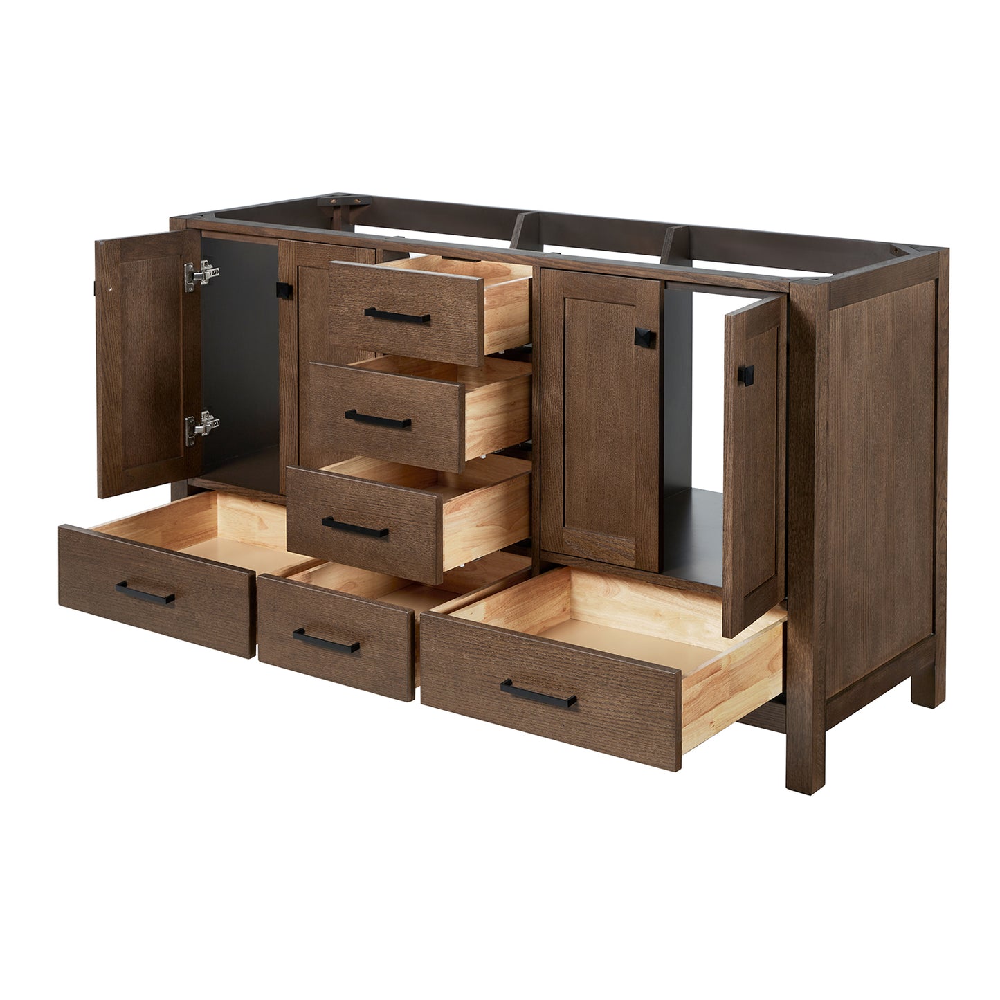 Beckford 60-inch Brown Oak base cabinet on white back ground side view open door