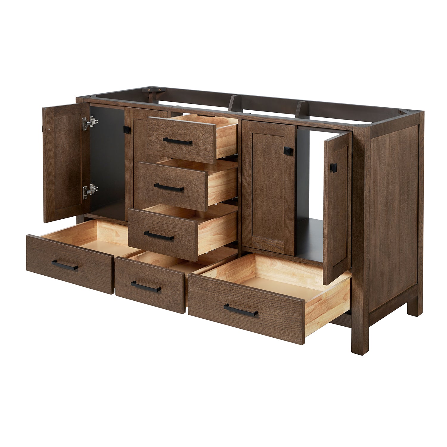 Beckford 60-inch Brown Oak base cabinet on white back ground side view open door